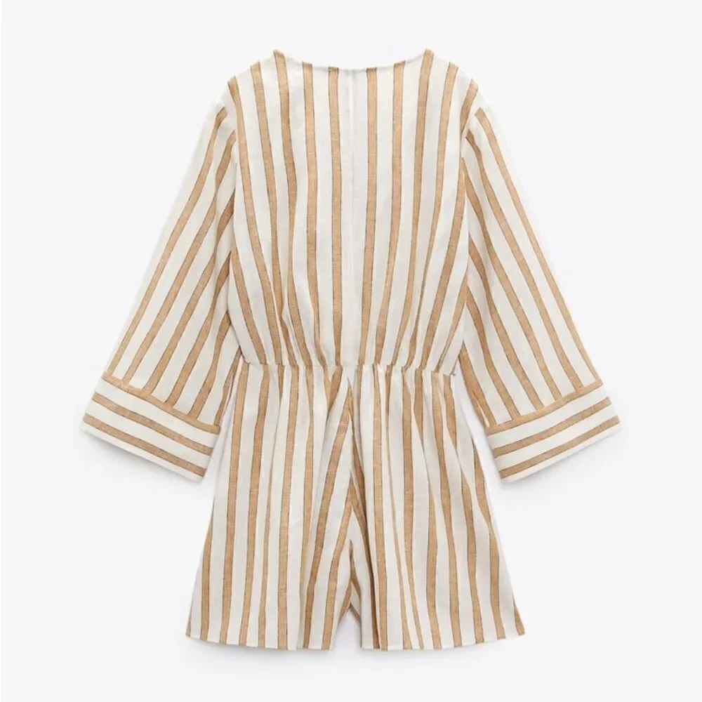 Zara Linen Blend Jumpsuit Striped New